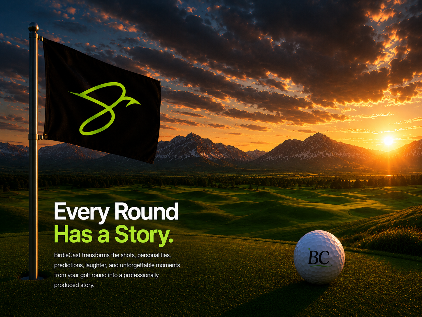 BirdieCast golf course at sunset with mountain scenery, the BirdieCast bird on a black flag, and BC on a golf ball.